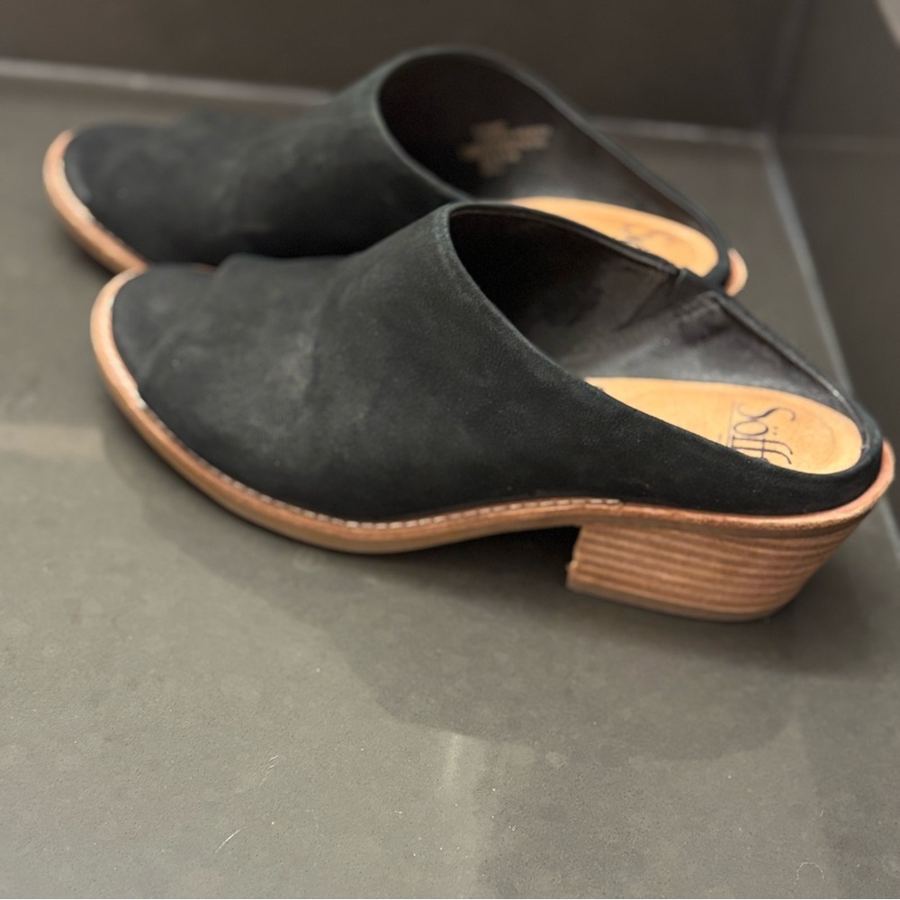Sofft Black Suede Open-Toe Mule Clogs with Wood Heel